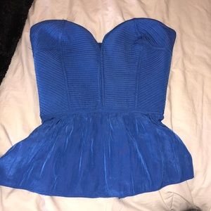 Blue Peplum Strapless Top.